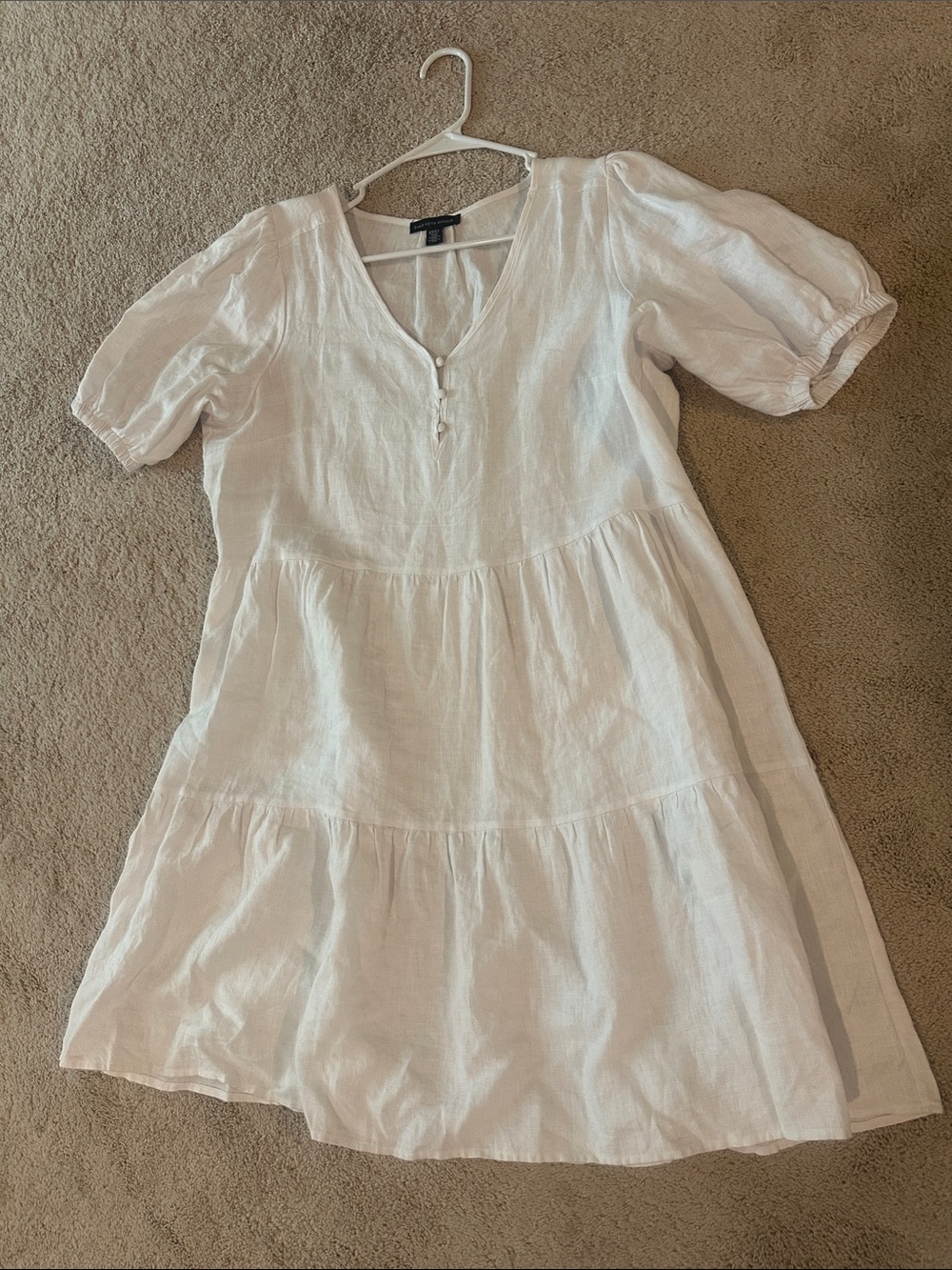 Saks Fifth Avenue 100% Linen Classic White Tiered Dress with Puff Sleeves